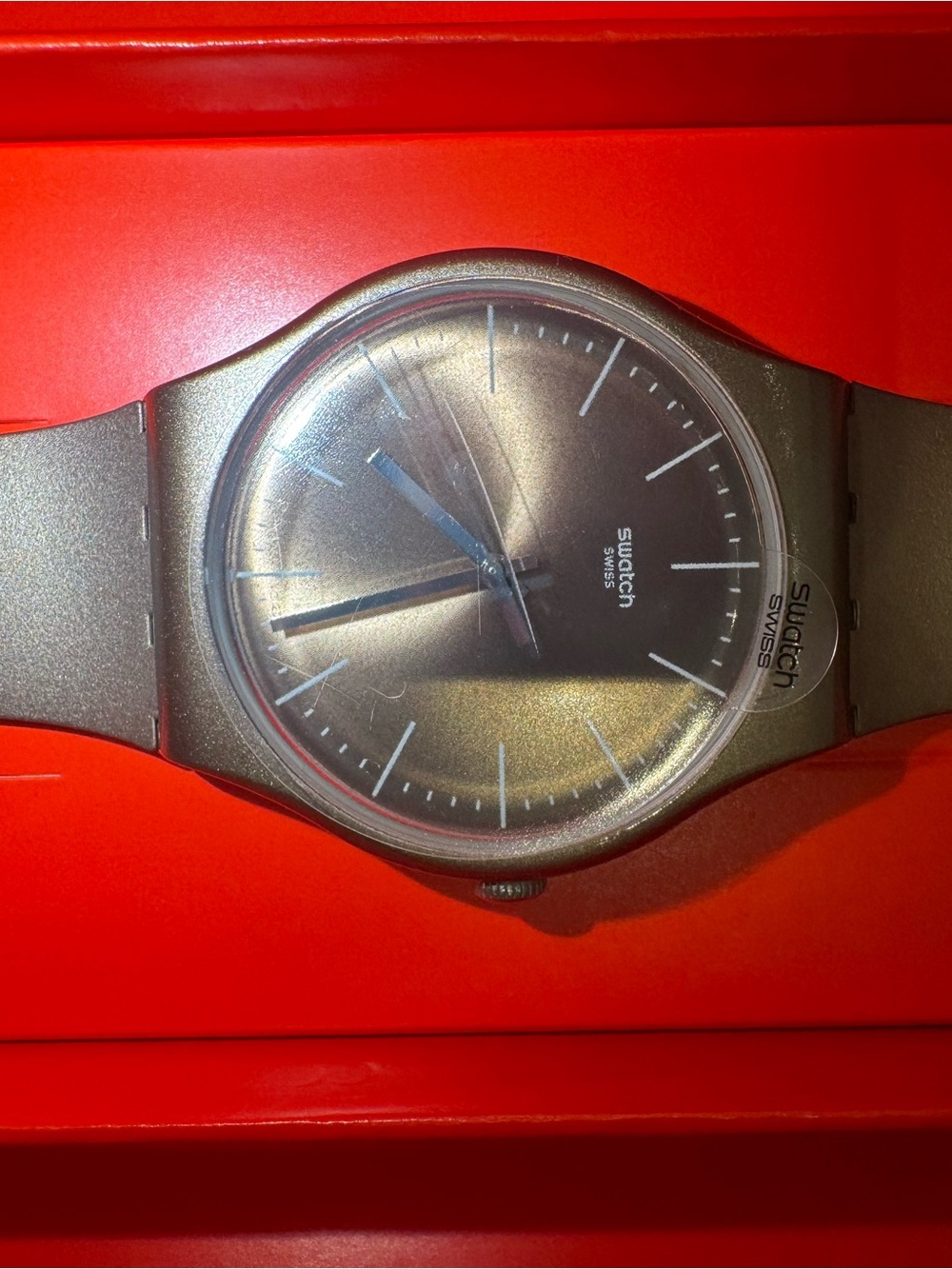 Swatch Quartz Gold Plastic Wristwatch Sunburst Dial Analog Stick Indexes Casual